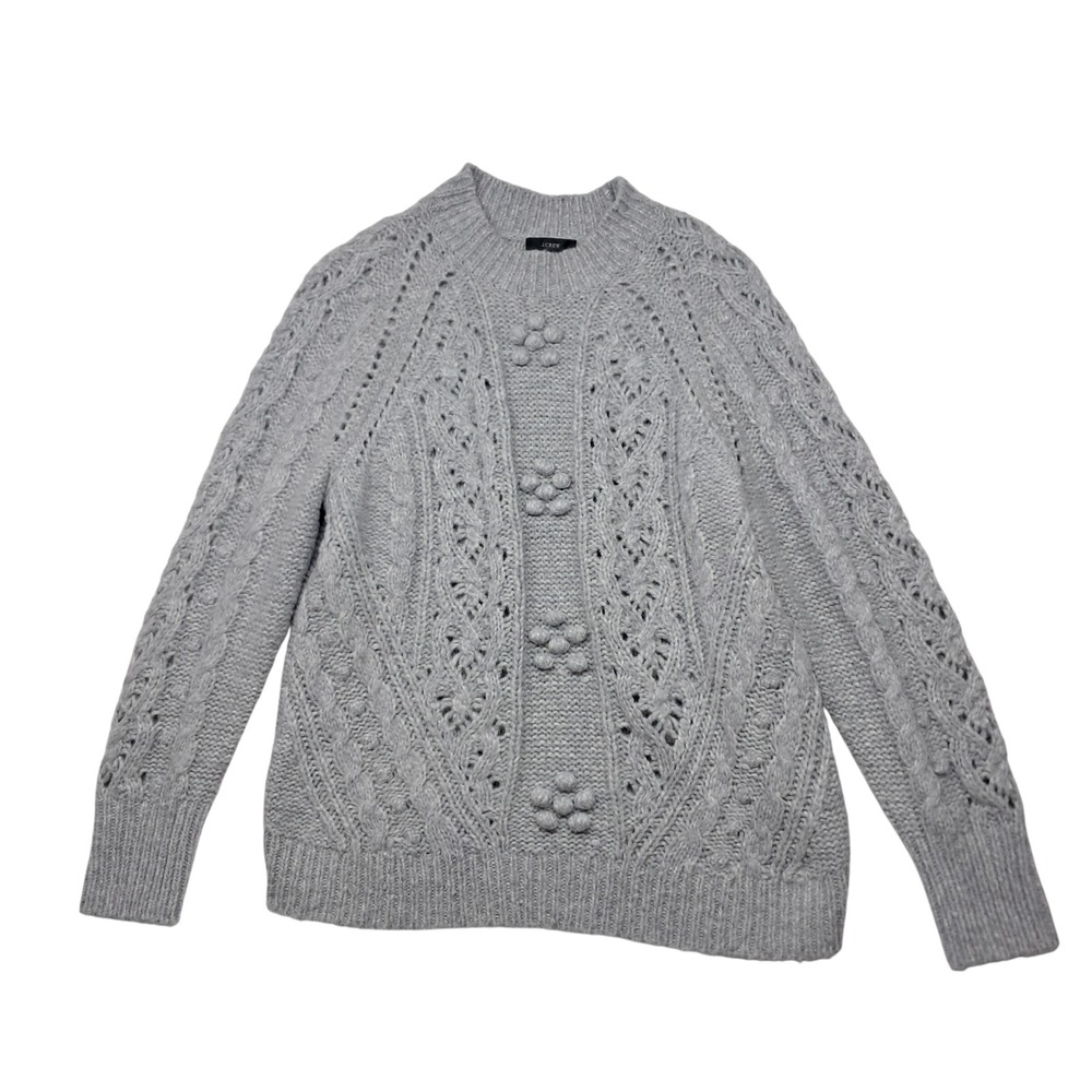 J. Crew Sweater Women's Medium Gray Pointelle Wool Alpaca Popcorn Flowers Winter